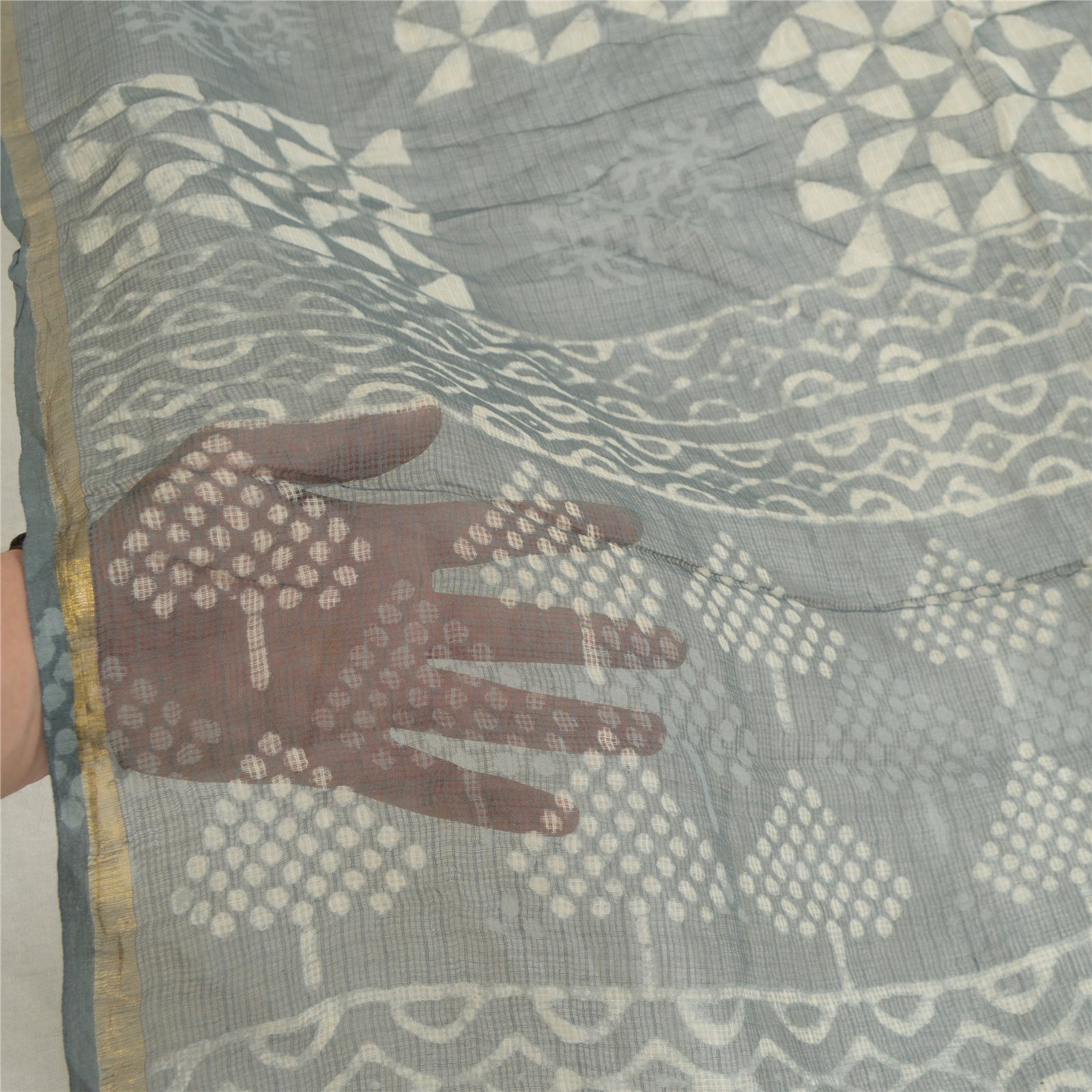 Sanskriti Vintage Dupatta Stole Pure Cotton Grey Bagru Hand Block Printed Kota