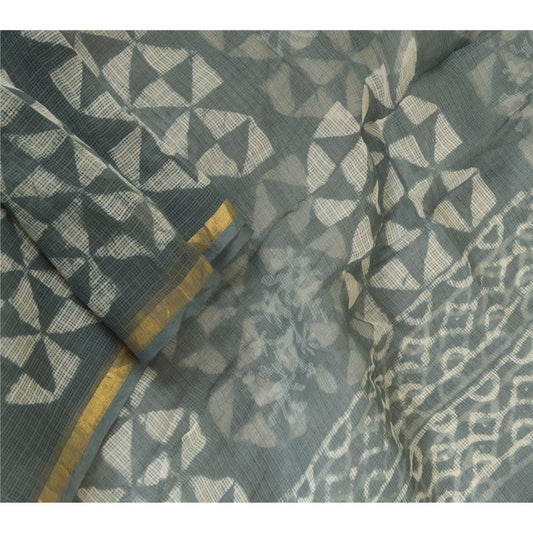 Sanskriti Vintage Dupatta Stole Pure Cotton Grey Bagru Hand Block Printed Kota