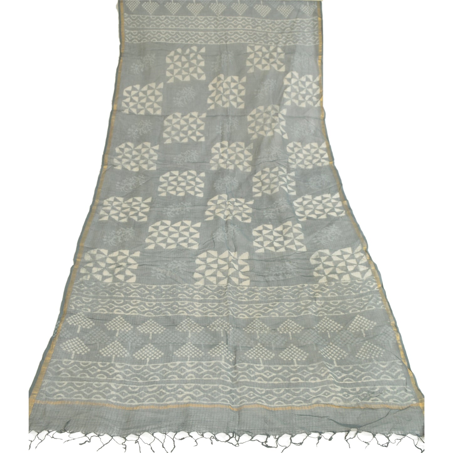 Sanskriti Vintage Dupatta Lang Stole Ren Bomuld Grå Bloktryk &amp; Kota Doria