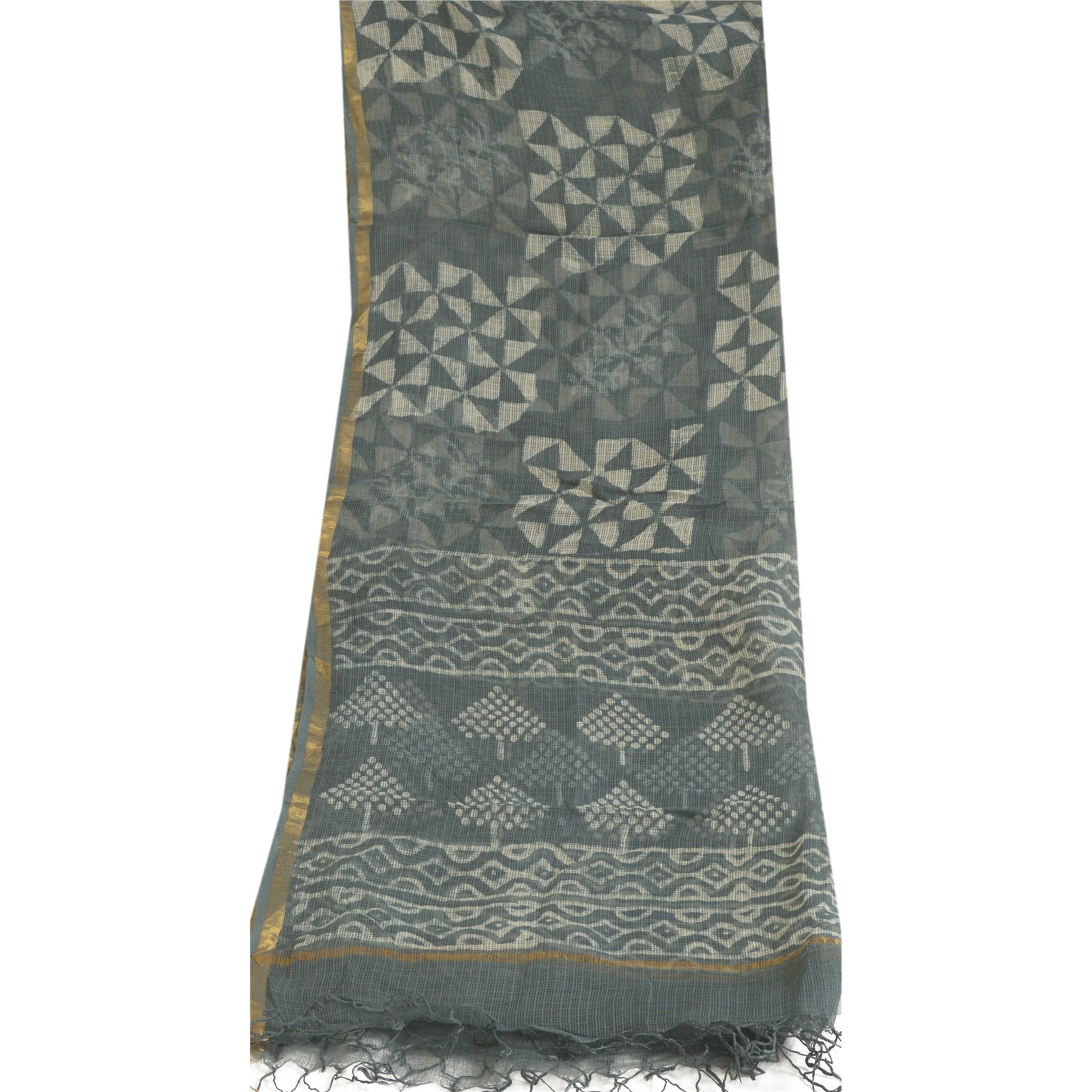 Sanskriti Vintage Dupatta Stole Pure Cotton Grey Bagru Hand Block Printed Kota