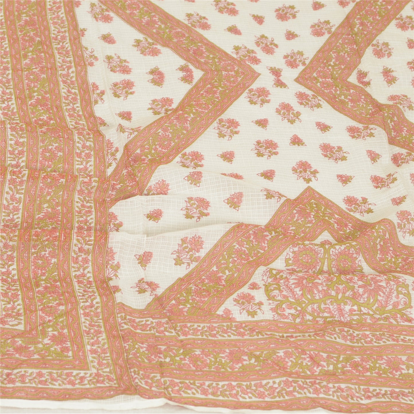 Sanskriti Vintage Dupatta Long Stole Pure Cotton Ivory Printed Woven Kota Doria