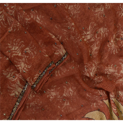 Sanskriti Vintage Long Brown Dupatta/Stole Pure Georgette Silk Hand Beaded Veil