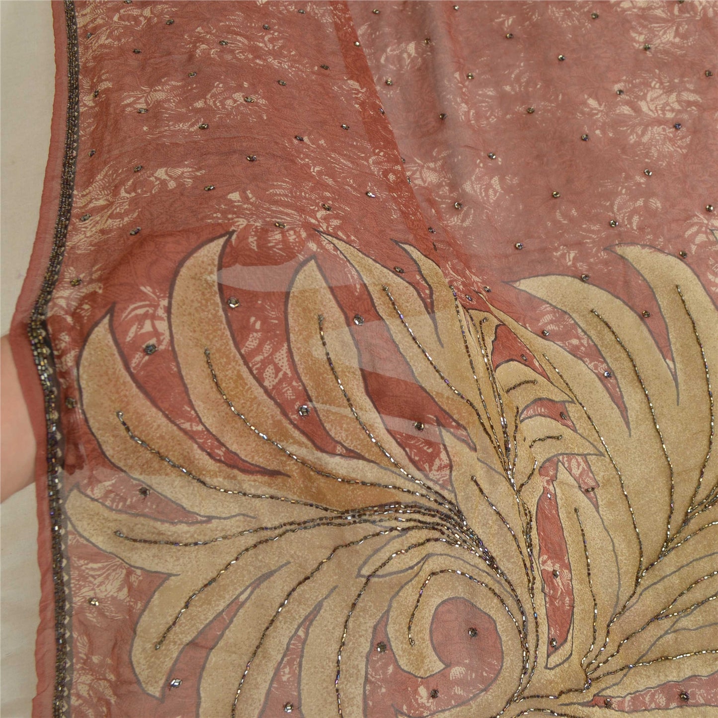 Sanskriti Vintage Long Brown Dupatta/Stole Pure Georgette Silk Hand Beaded Veil