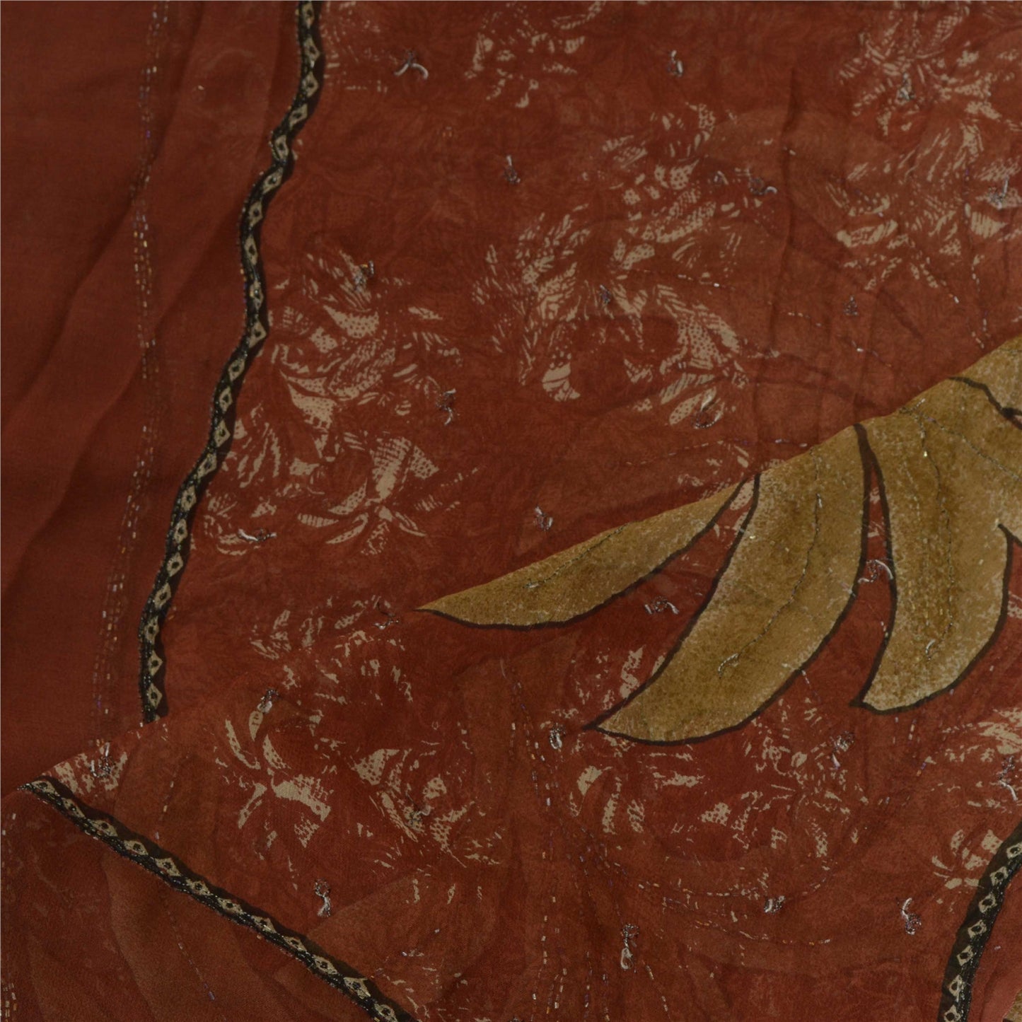 Sanskriti Vintage Long Brown Dupatta/Stole Pure Georgette Silk Hand Beaded Veil