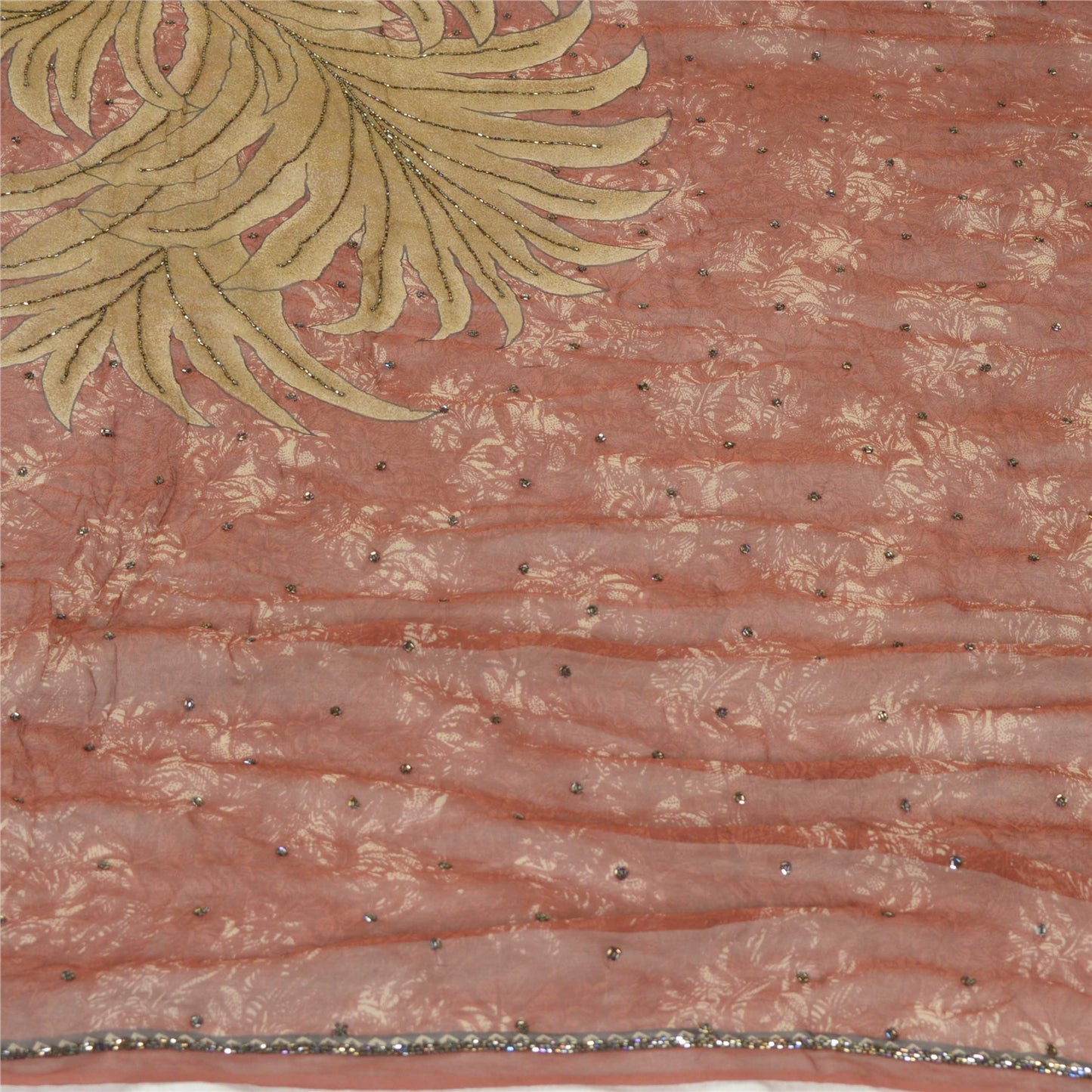 Sanskriti Vintage Long Brown Dupatta/Stole Pure Georgette Silk Hand Beaded Veil