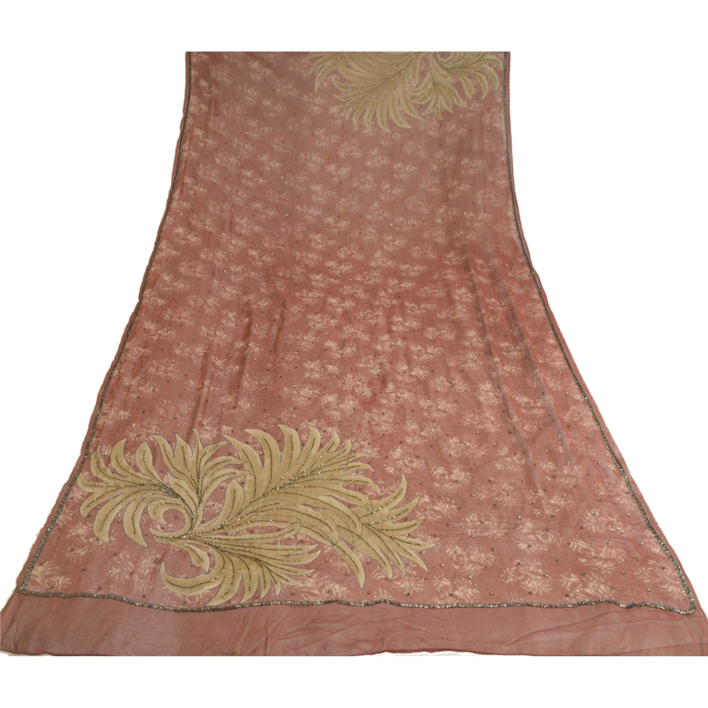 Sanskriti Vintage Long Brown Dupatta/Stole Pure Georgette Silk Hand Beaded Veil