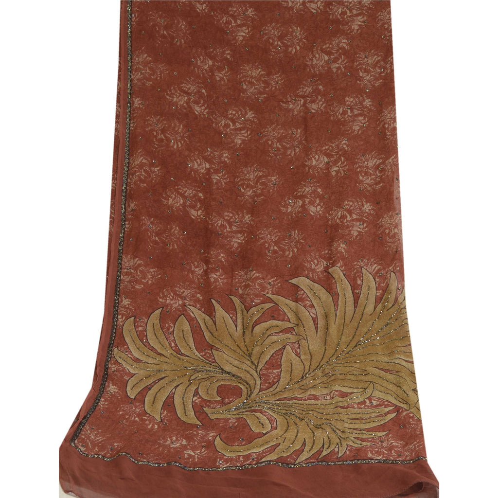 Sanskriti Vintage Long Brown Dupatta/Stole Pure Georgette Silk Hand Beaded Veil