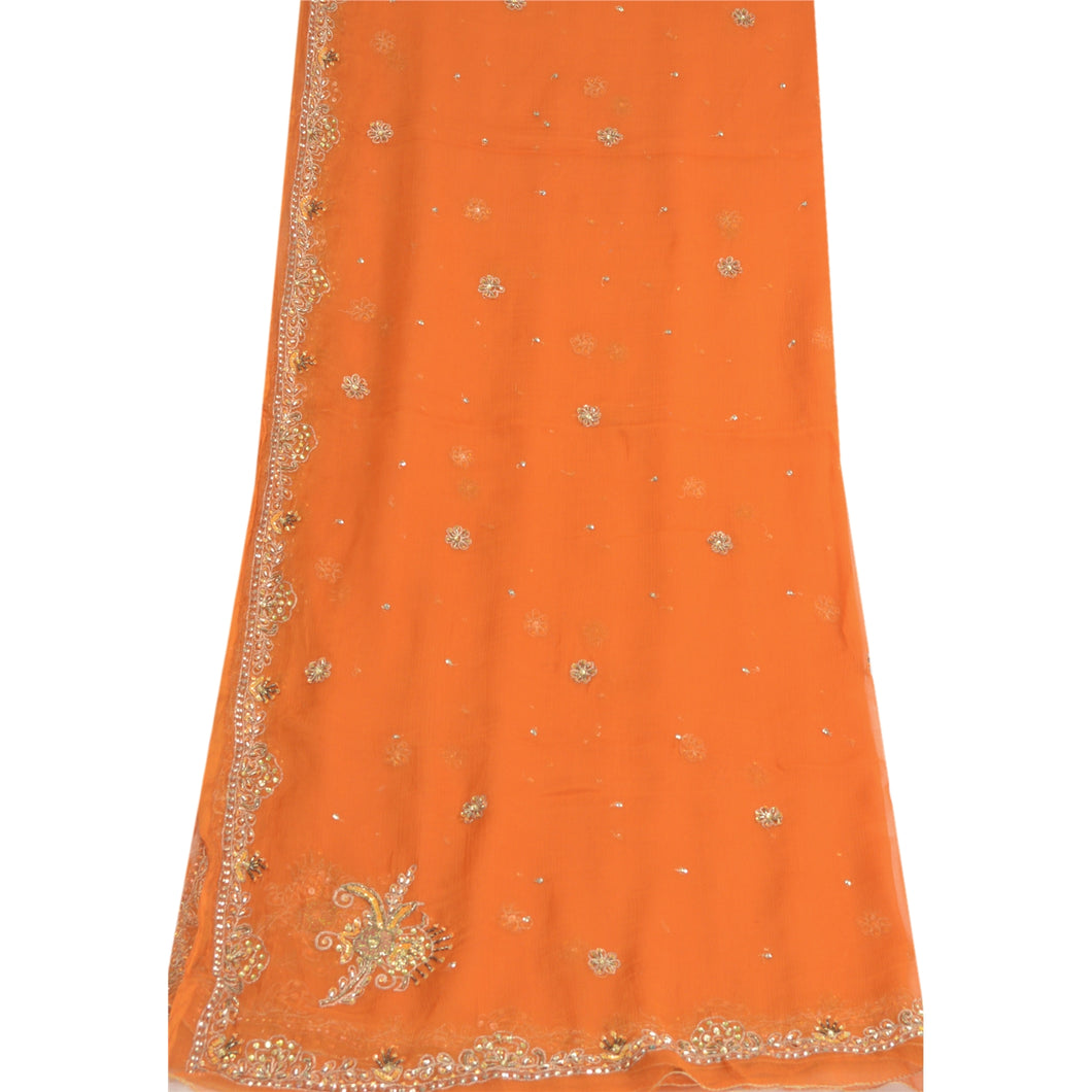 Sanskriti Vintage Dupatta Orange Long Stole Pure Chiffon Silk Hand Beaded Veil