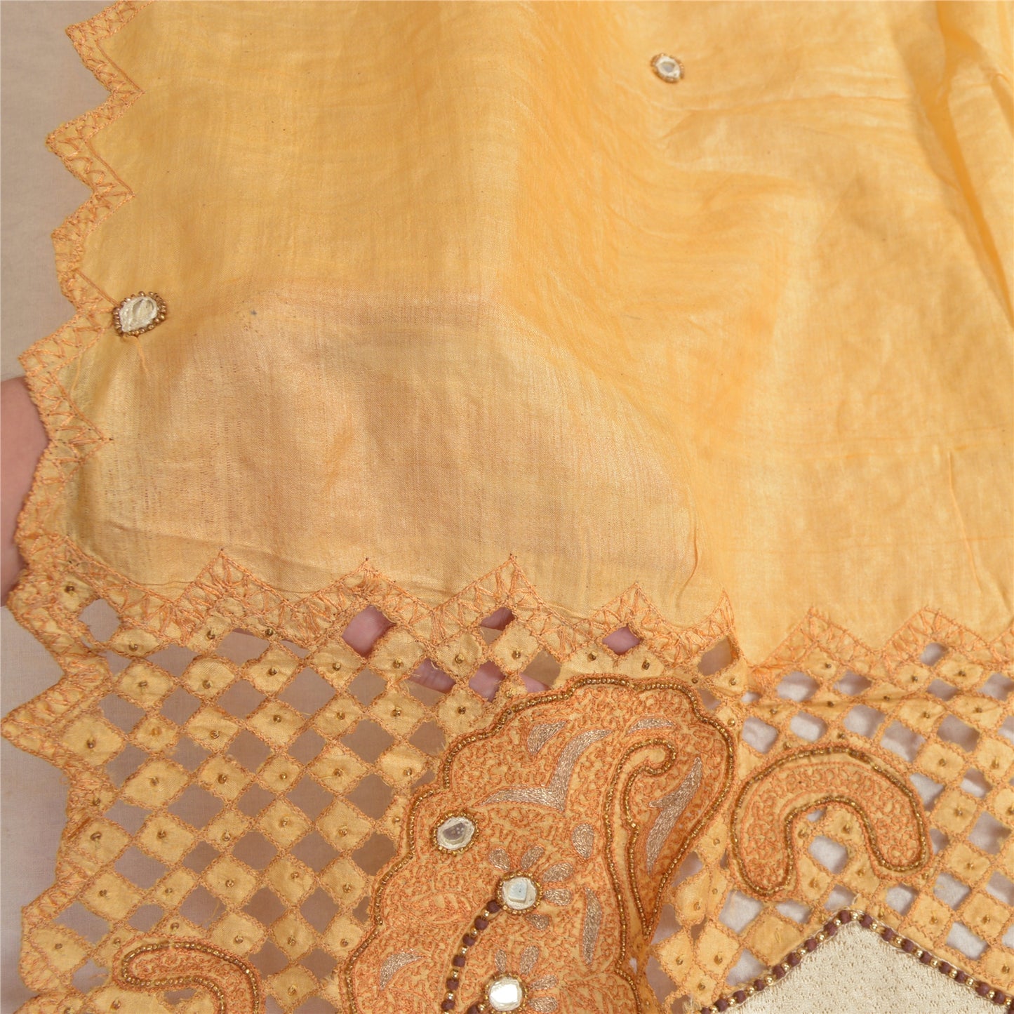 Sanskriti Vintage Dupatta Cream Long Stole 100% Pure Silk Hand Beaded Wrap Veil