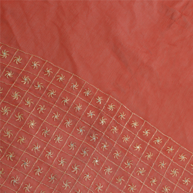 Sanskriti Vintage Long Red Dupatta/Stole Pure Chiffon Silk Hand Beaded Scarves