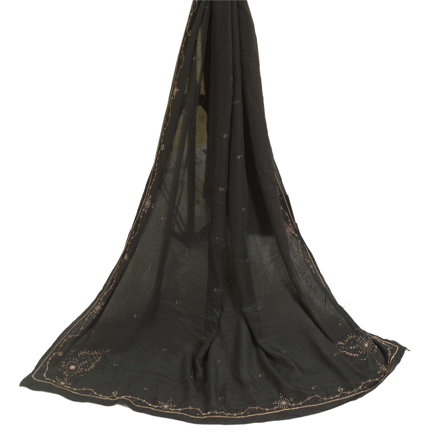 Sanskriti Vintage Long Black Dupatta/Stole Pure Crepe Silk Hand Beaded Scarves
