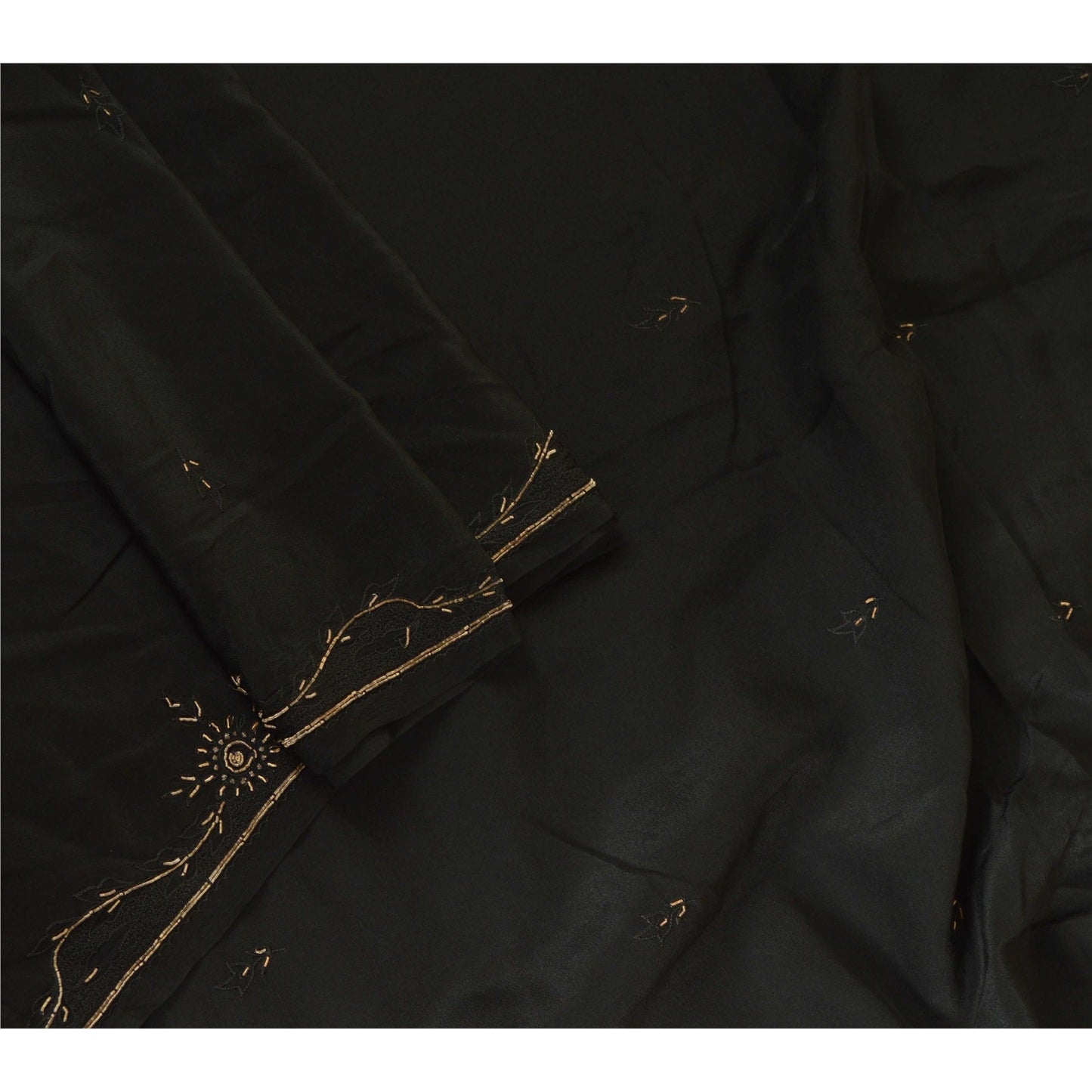 Sanskriti Vintage Long Black Dupatta/Stole Pure Crepe Silk Hand Beaded Scarves