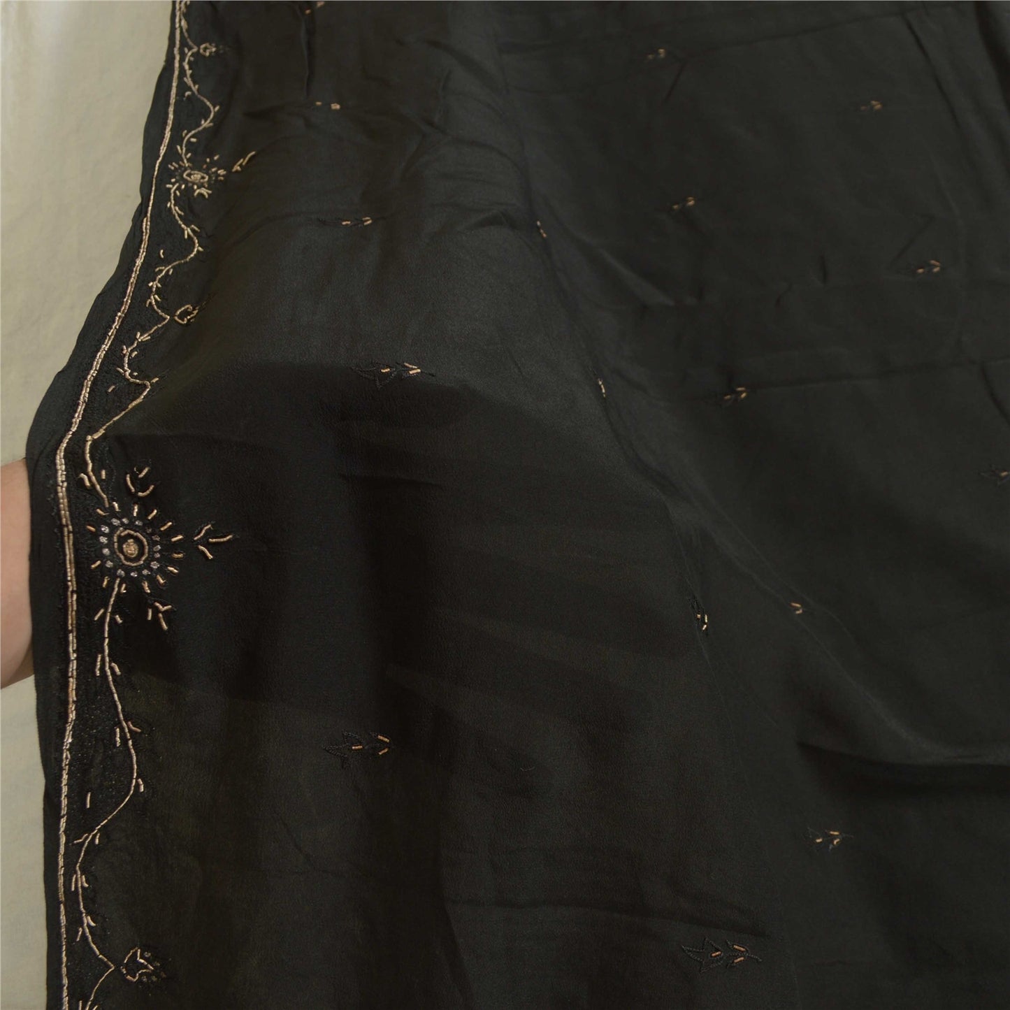 Sanskriti Vintage Long Black Dupatta/Stole Pure Crepe Silk Hand Beaded Scarves