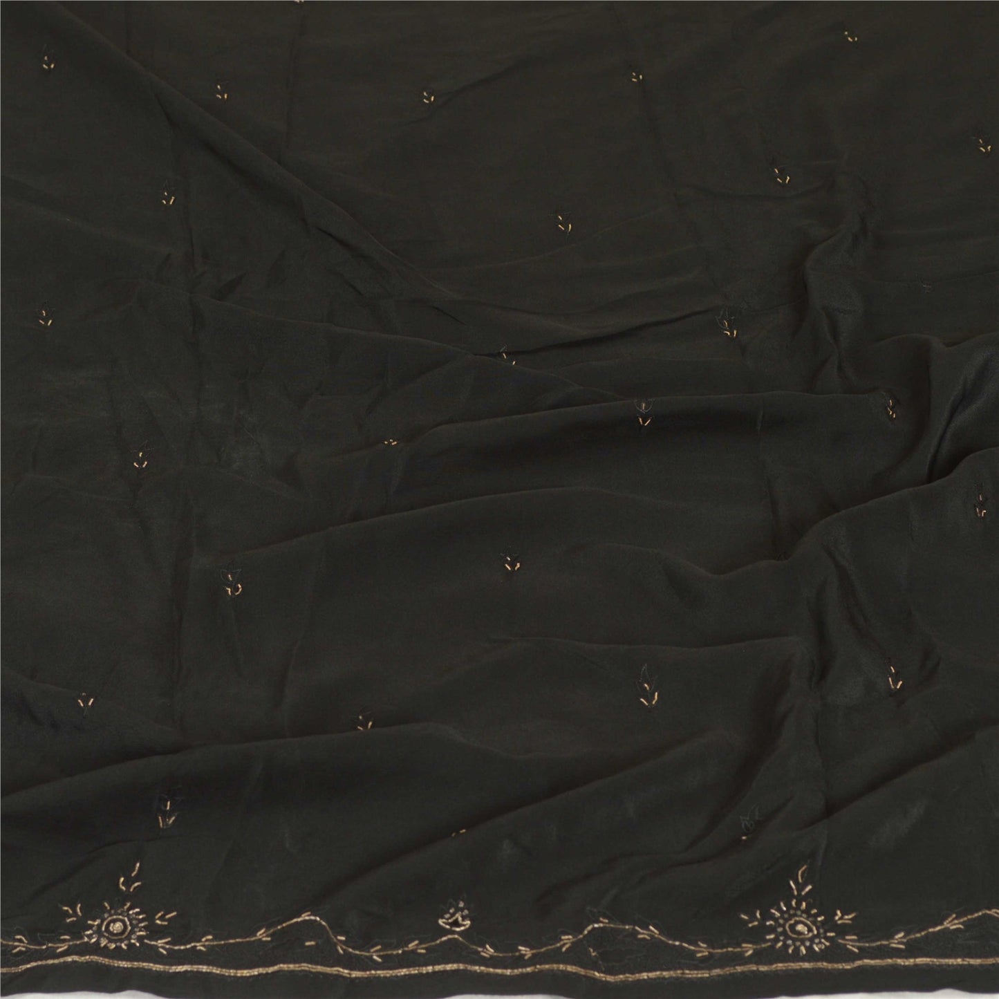 Sanskriti Vintage Long Black Dupatta/Stole Pure Crepe Silk Hand Beaded Scarves