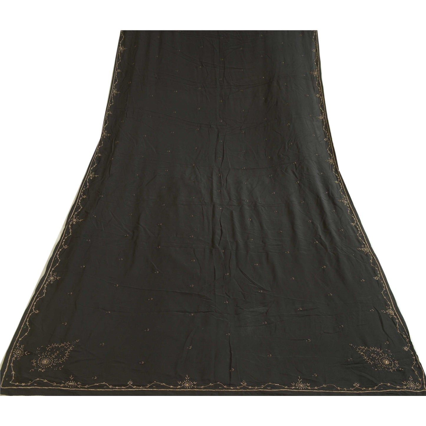 Sanskriti Vintage Long Black Dupatta/Stole Pure Crepe Silk Hand Beaded Scarves