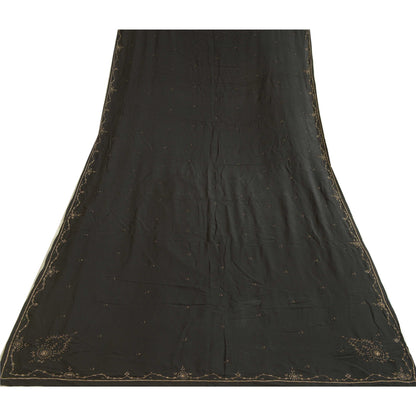 Sanskriti Vintage Long Black Dupatta/Stole Pure Crepe Silk Hand Beaded Scarves