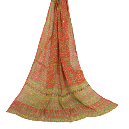 Sanskriti Vintage Long Red Dupatta/Stole Pure Chinon Silk Printed Woven Veil