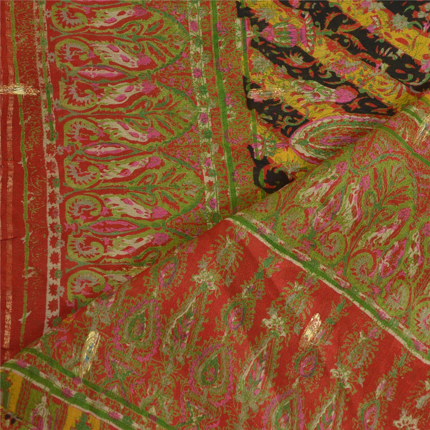 Sanskriti Vintage Long Red Dupatta/Stole Pure Chinon Silk Printed Woven Veil