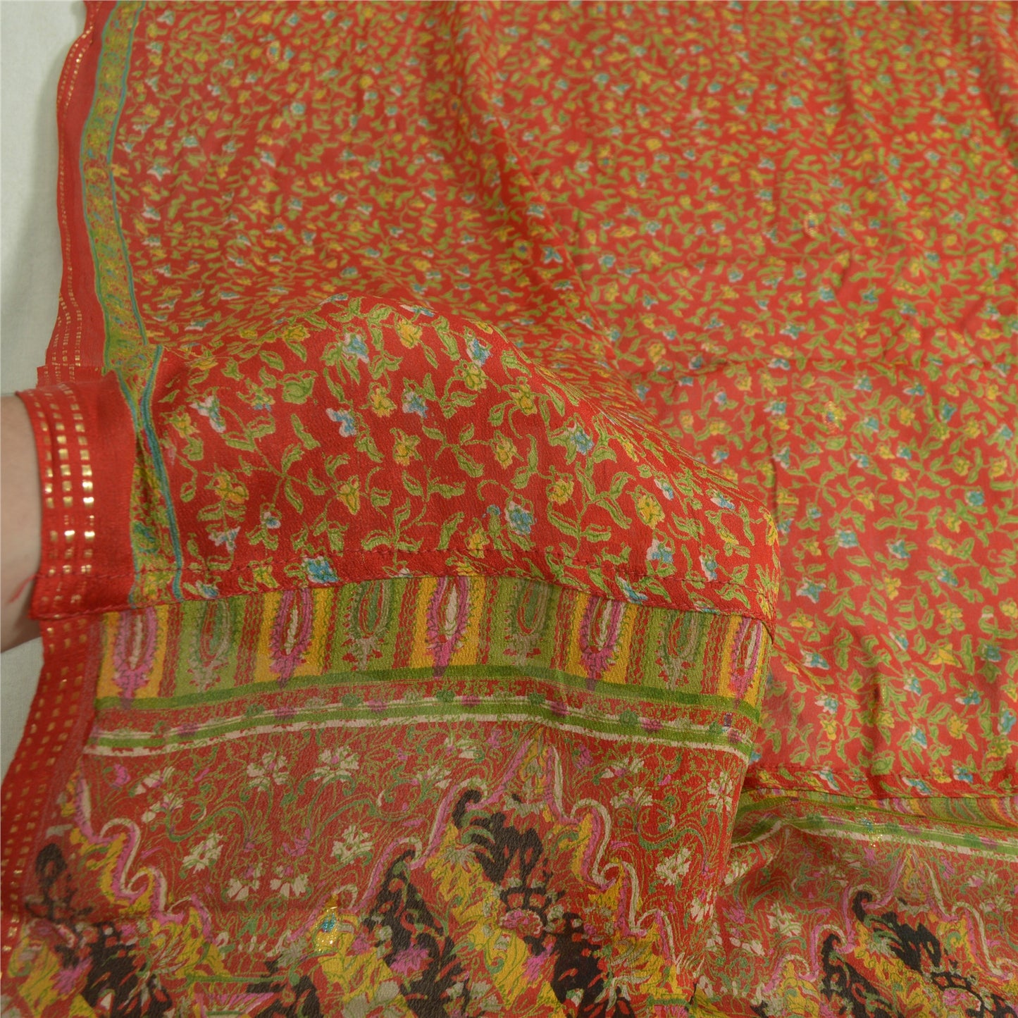 Sanskriti Vintage Long Red Dupatta/Stole Pure Chinon Silk Printed Woven Veil
