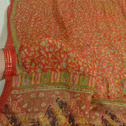 Sanskriti Vintage Long Red Dupatta/Stole Pure Chinon Silk Printed Woven Veil