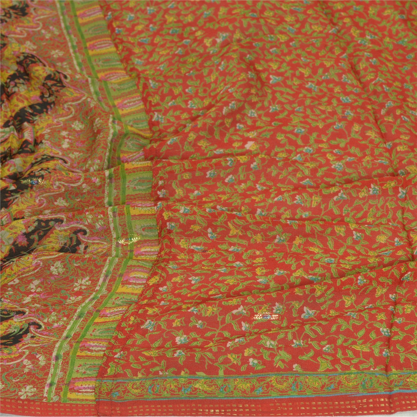 Sanskriti Vintage Long Red Dupatta/Stole Pure Chinon Silk Printed Woven Veil