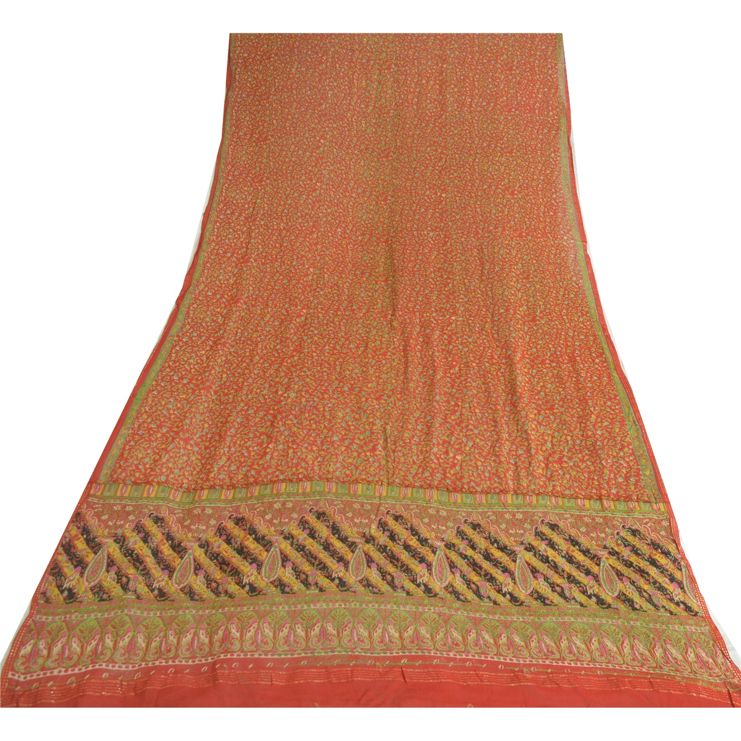 Sanskriti Vintage Long Red Dupatta/Stole Pure Chinon Silk Printed Woven Veil