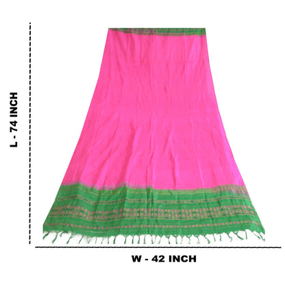 Sanskriti Vintage Long Dupatta Stole Pure Silk Hot Pink/Green Woven Brocade Veil