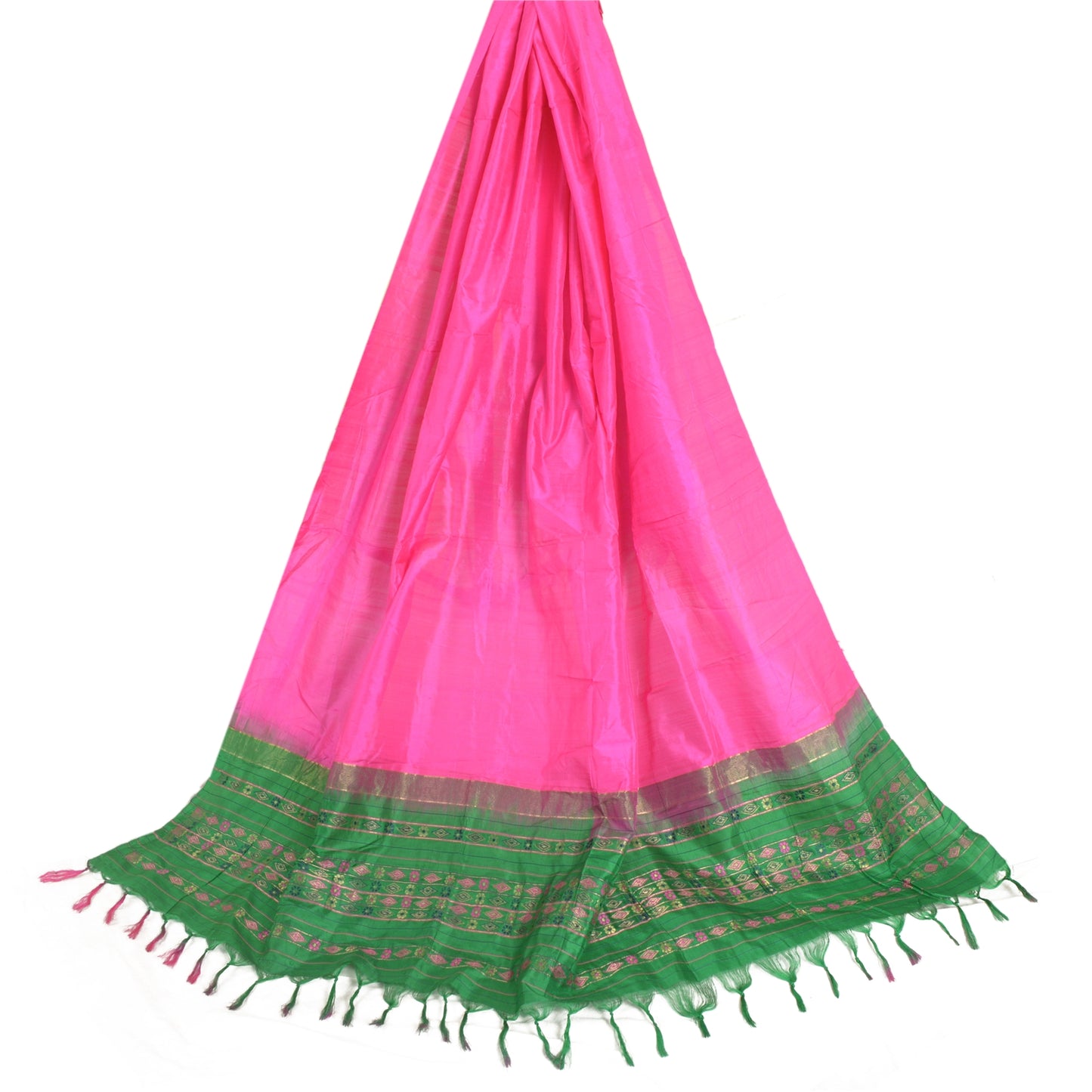 Sanskriti Vintage Long Dupatta Stole Pure Silk Hot Pink/Green Woven Brocade Veil