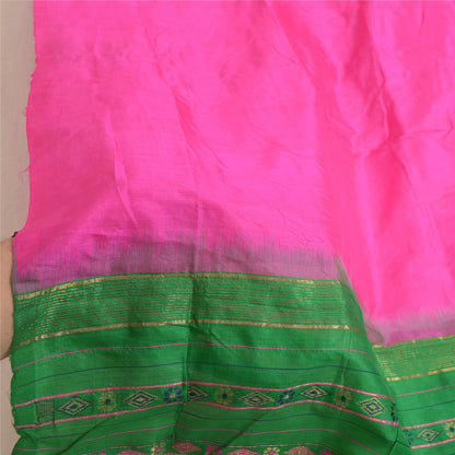 Sanskriti Vintage Long Dupatta Stole Pure Silk Hot Pink/Green Woven Brocade Veil