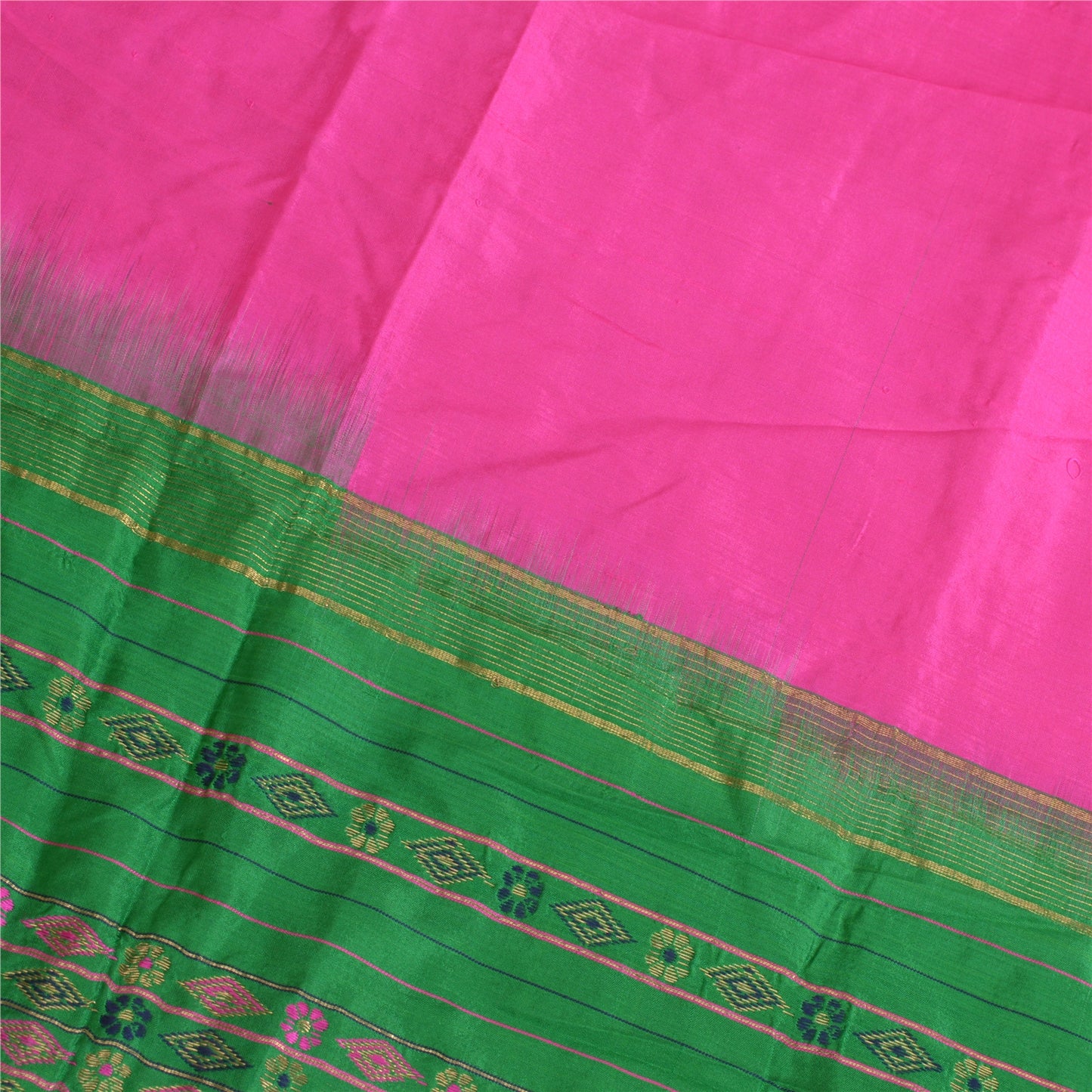 Sanskriti Vintage Long Dupatta Stole Pure Silk Hot Pink/Green Woven Brocade Veil
