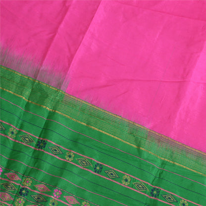 Sanskriti Vintage Long Dupatta Stole Pure Silk Hot Pink/Green Woven Brocade Veil