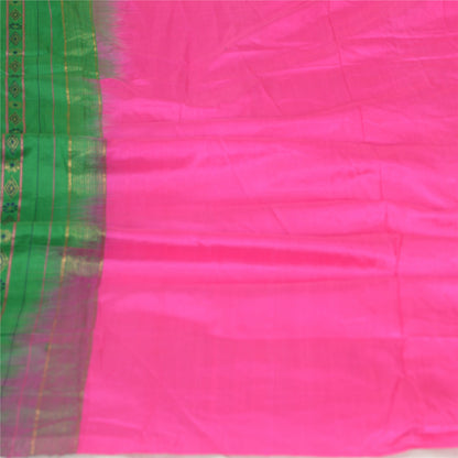 Sanskriti Vintage Long Dupatta Stole Pure Silk Hot Pink/Green Woven Brocade Veil