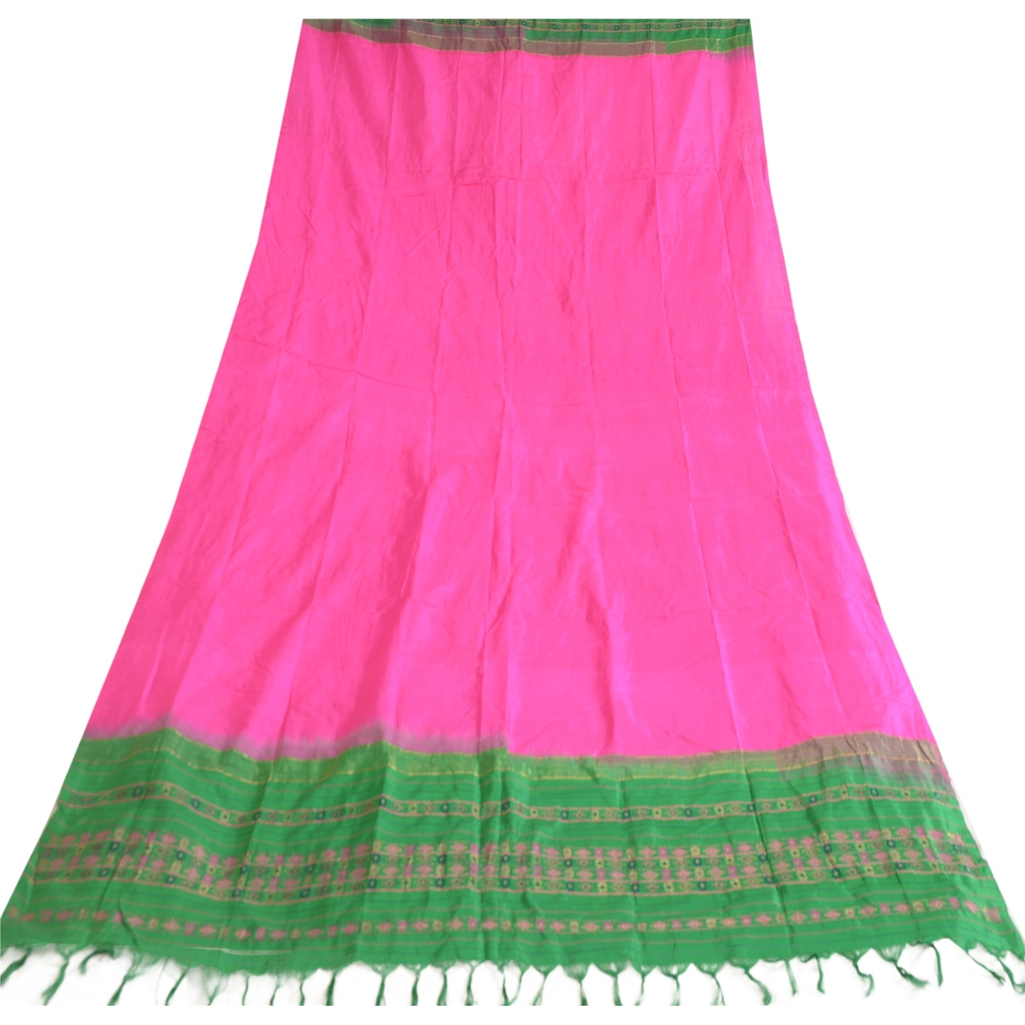 Sanskriti Vintage Long Dupatta Stole Pure Silk Hot Pink/Green Woven Brocade Veil