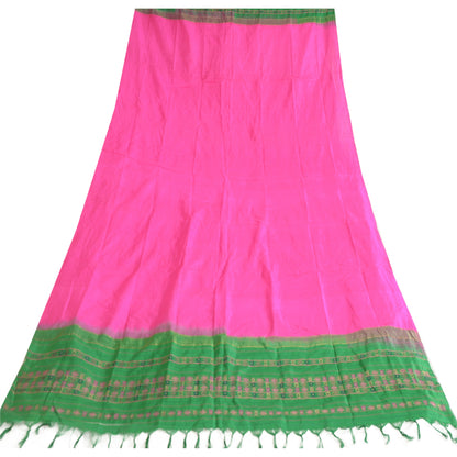 Sanskriti Vintage Long Dupatta Stole Pure Silk Hot Pink/Green Woven Brocade Veil