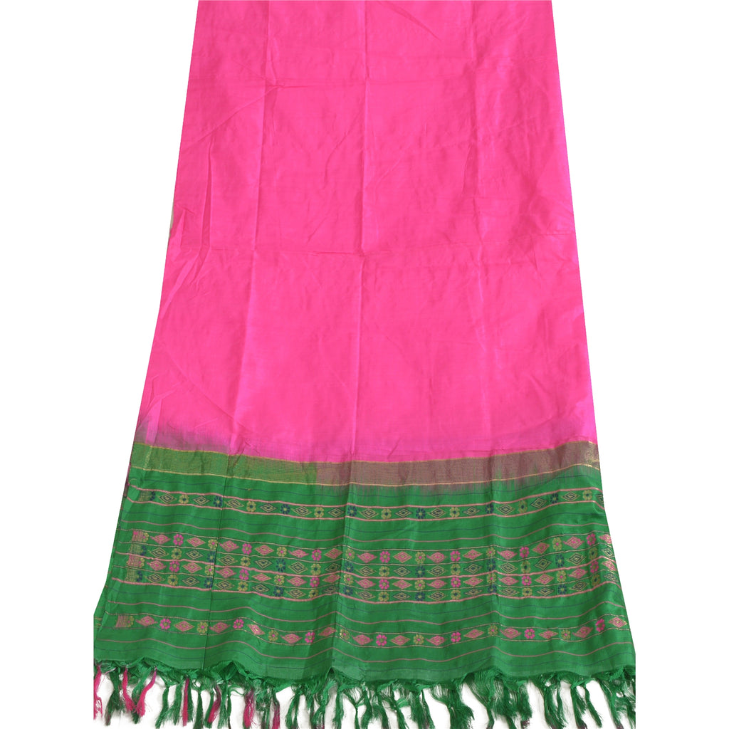 Sanskriti Vintage Long Dupatta Stole Pure Silk Hot Pink/Green Woven Brocade Veil