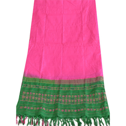 Sanskriti Vintage Long Dupatta Stole Pure Silk Hot Pink/Green Woven Brocade Veil