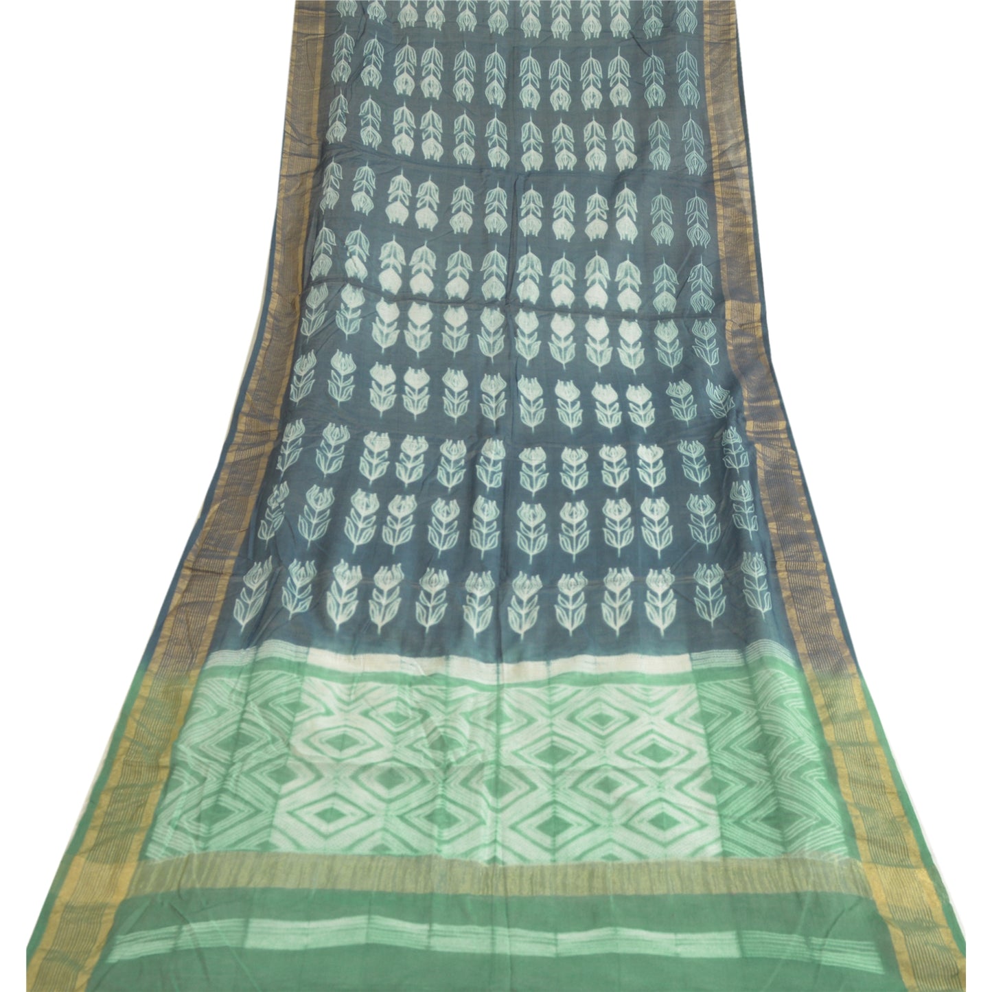 Sanskriti Vintage Long Blue/Green Dupatta/Stole Cotton Silk Block Printed Hijab