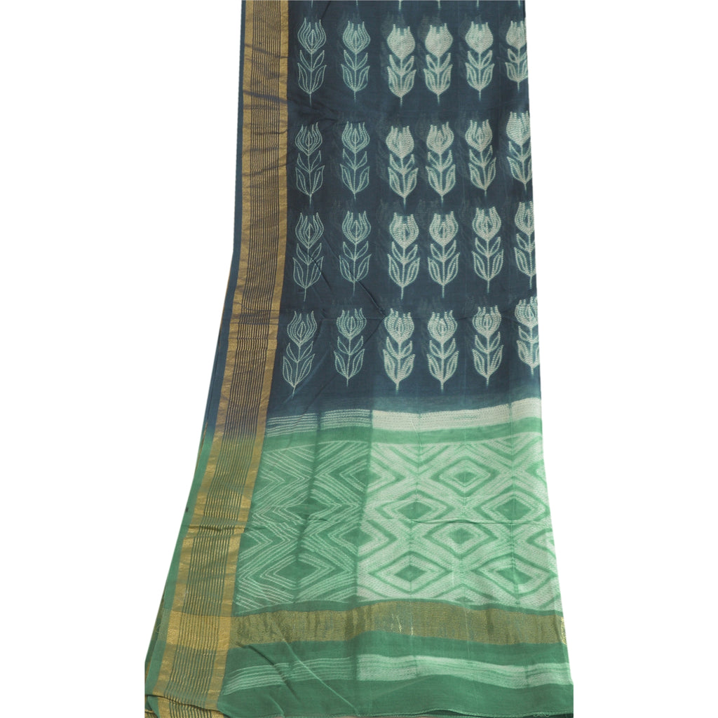 Sanskriti Vintage Long Blue/Green Dupatta/Stole Cotton Silk Block Printed Hijab