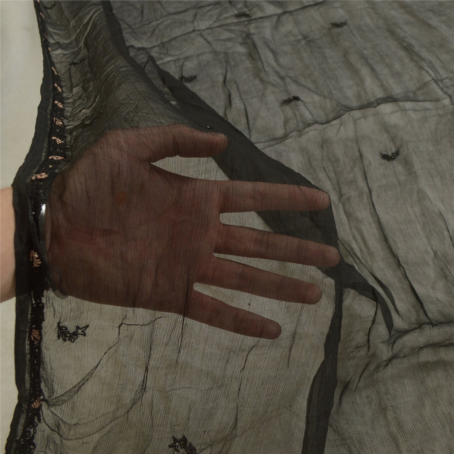 Sanskriti Vintage Long Black Dupatta/Stole Pure Chiffon Silk Hand Beaded Scarves