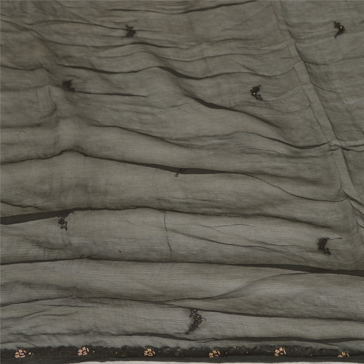 Sanskriti Vintage Long Black Dupatta/Stole Pure Chiffon Silk Hand Beaded Scarves