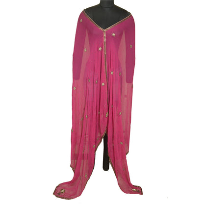 Sanskriti Vintage Long Pink Dupatta/Stole Pure Georgette Silk Hand Beaded Veil