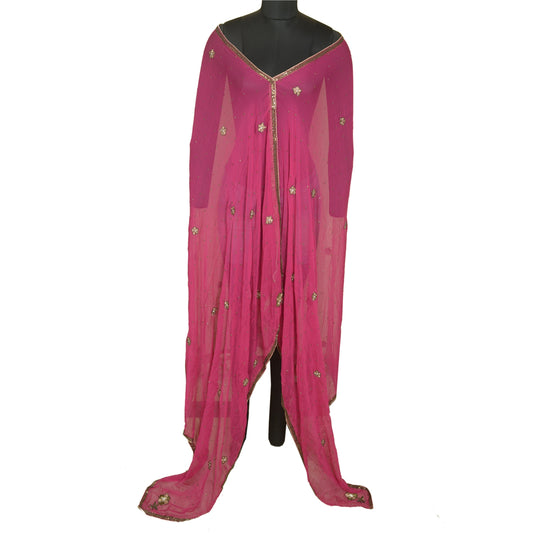 Sanskriti Vintage Long Pink Dupatta/Stole Pure Georgette Silk Hand Beaded Veil