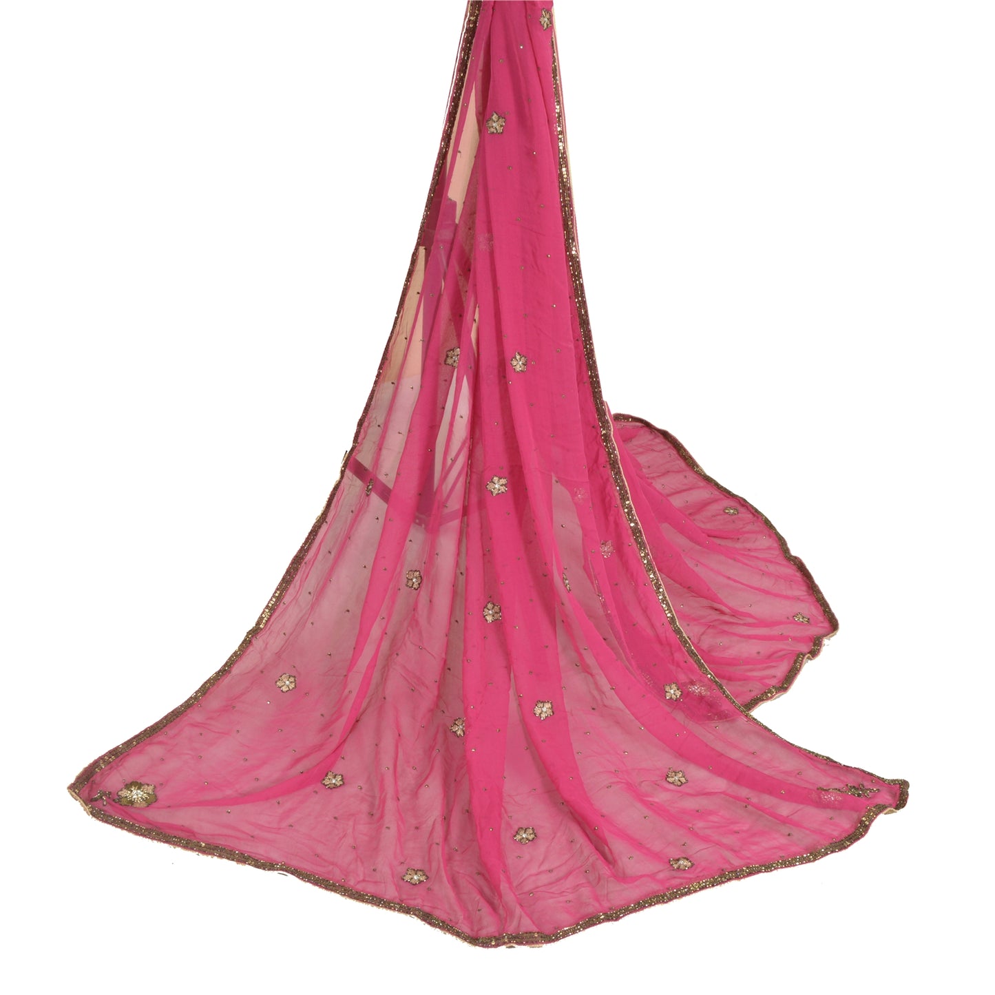 Sanskriti Vintage Long Pink Dupatta/Stole Pure Georgette Silk Hand Beaded Veil