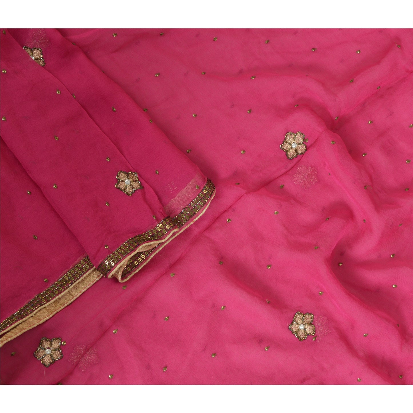 Sanskriti Vintage Long Pink Dupatta/Stole Pure Georgette Silk Hand Beaded Veil