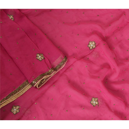 Sanskriti Vintage Long Pink Dupatta/Stole Pure Georgette Silk Hand Beaded Veil