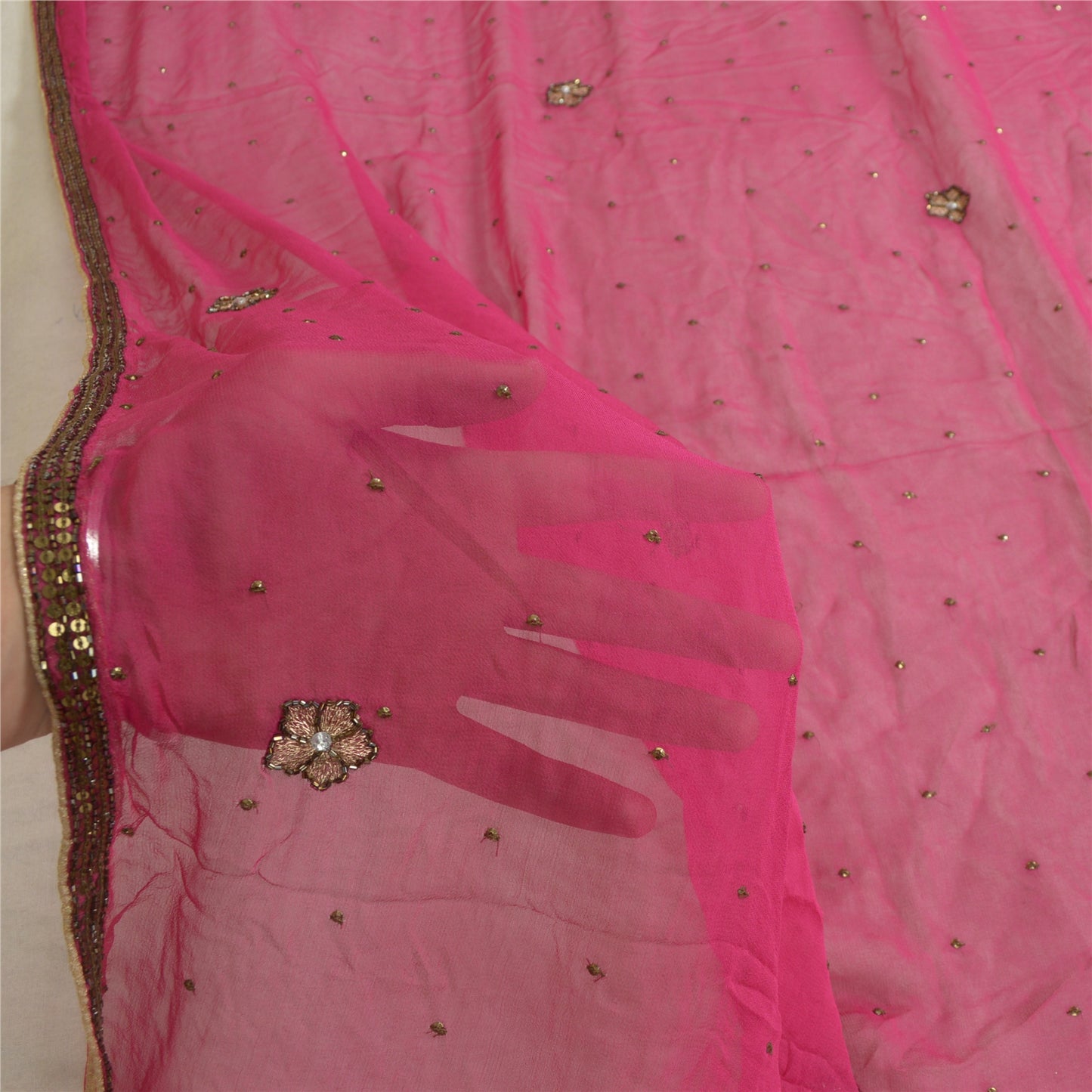 Sanskriti Vintage Long Pink Dupatta/Stole Pure Georgette Silk Hand Beaded Veil