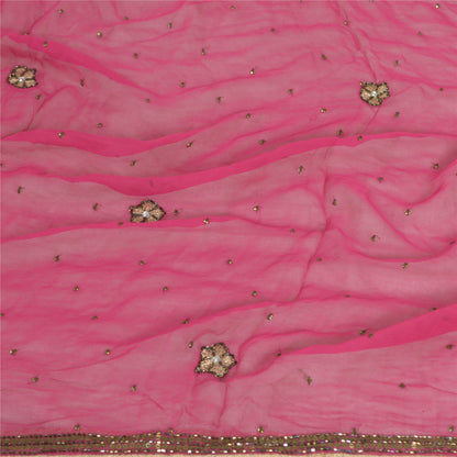 Sanskriti Vintage Long Pink Dupatta/Stole Pure Georgette Silk Hand Beaded Veil