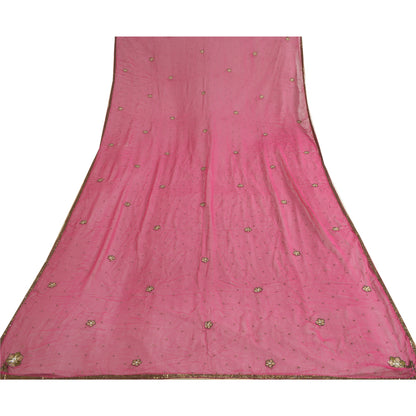 Sanskriti Vintage Long Pink Dupatta/Stole Pure Georgette Silk Hand Beaded Veil