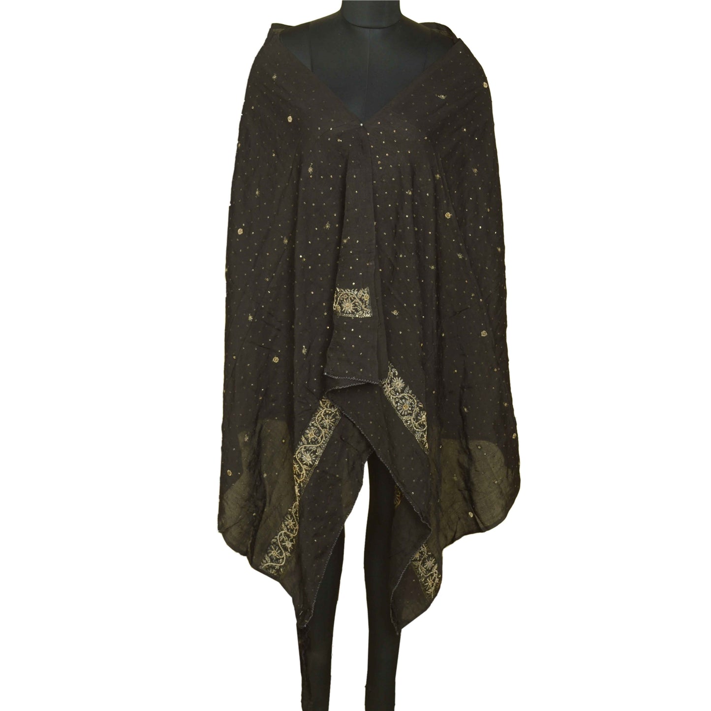 Sanskriti Vintage Long Dupatta Stole Pure Silk Black Hand Beaded Woven Brocade