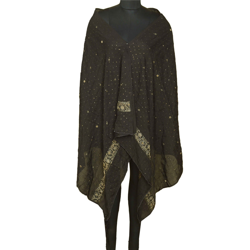 Sanskriti Vintage Lang Dupatta Stole Ren Silke Sort Håndvævet Brokade